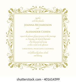 Square frame with stylized fern leaves in golden color.Can be used for your own design of invitations