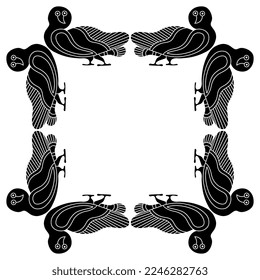 Square frame with stylized funny owl birds. Ancient Greek animal motif. Vase painting style. Black and white silhouette.