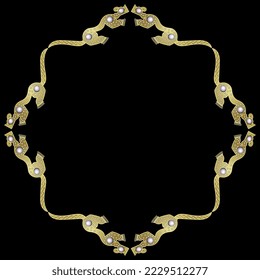 Square frame with stylized jaguars from Costa Rica. Native American art of pre Columbian Indians. Golden silhouettes with white pearls on black background.