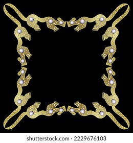 Square frame with stylized jaguars from Costa Rica. Native American art of pre Columbian Indians. Golden silhouettes with white pearls on black background.