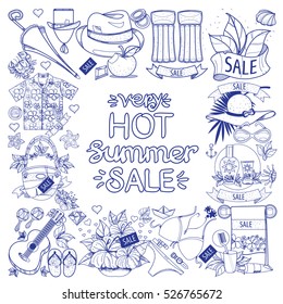 The square frame with subjects summer holiday resort and attributes. Elements for design of advertising products, stores, travel agencies.
