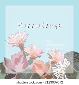 Square frame of succulents, on a blue background, transparent frame. Production of booklets, postcards. Vector illustration.