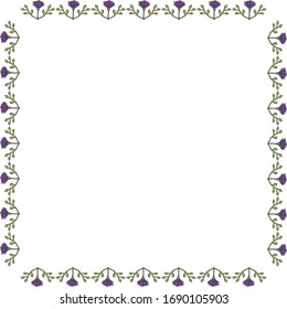 Square frame with summer violet flowers and green decorative elements on white background. Vector image. 