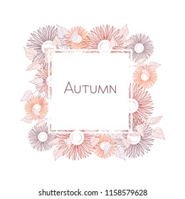 Square frame of sunflowers. Line drawing on white background. Autumn. 

Hand drawn vector.