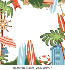 Square frame with surfboard, palms, lifebuoy, beach hut, steering wheel, beach umbrella, shorts Vector art. Sea elements for greeting cards, decoration, magazines, banners, menu, patterns and designs