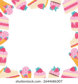 Quadratischer Rahmen aus süßen Erdbeerdesserts und Beeren. Scheiben von verschiedenen Kuchen mit Sahne. Flache Vektorgrafik