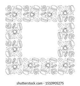 Square frame of sweets, cookies, donut, marshmallow, macaron in vector. Sweet pastries and pastry isolated on white background. Hand drawn in vintage style. Black and white line.