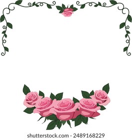 Square frame of swirls and composition of pink roses