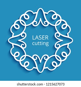Square frame with swirly ornamental border, cutout paper pattern, vector template for laser cutting or plotter printing. Place for text.