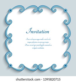 Square frame with swirly paper border, cutout paper doily, vector elegant wedding invitation or save the date card template