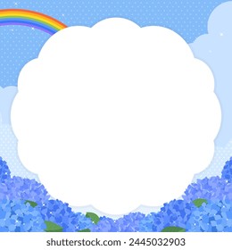 Quadratische Rahmen Vorlage des blauen Himmels mit Regenbogen und Hortensien in voller Blüte