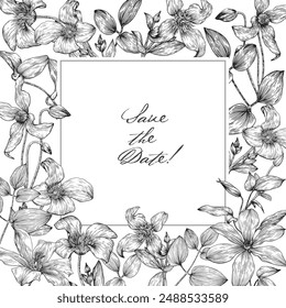 Square frame template for design greeting card, wedding decor, invitation.Vintage Vector floral background. Clematis flowers and leaves black and white. Hand drawn illustration