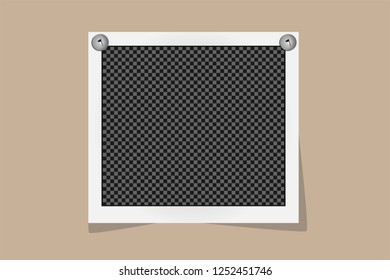 Square frame template on metal pin with shadows isolated on beige background. Vector illustration