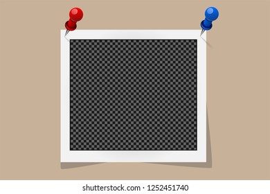 Square frame template on pin with shadows isolated on beige background. Vector illustration