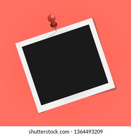 Square frame template on plastic pin with shadows isolated. Living coral - color of 2019 year. Memories concept in modern style. Vector illustration