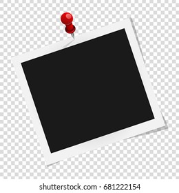 Square frame template on red pin with shadows isolated on transparent background. Vector illustration