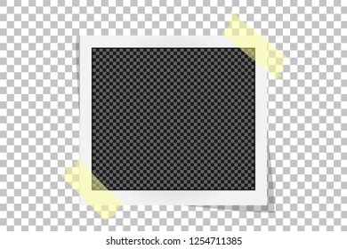 Square frame template on sticky tape with shadows isolated on transparent background. Vector illustration