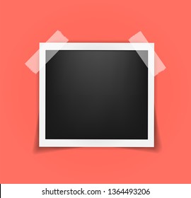 Square frame template on sticky tape with shadows isolated. Living coral - color of 2019 year. Memories concept in modern style. Vector illustration