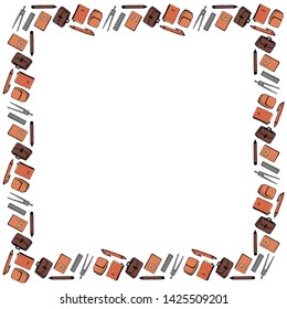 Square frame template for September 1 from the stationery. Compasses, pencils, pens, rulers, notebooks, textbooks, school bags, briefcases on a white background. Vector.