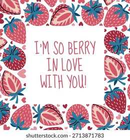 Plantilla de marco cuadrado con fresa y corazones en estilo plano. Día de San Valentín, día de la madre, aniversario, regalo de amor. Para el borde de la foto, publicación de redes sociales, invitación, etiqueta, embalaje, tarjeta, Anuncio