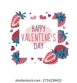 Plantilla de marco cuadrado con fresa y corazones en estilo plano. Día de San Valentín, día de la madre, aniversario, día de la mujer. Dulce amor. Para el borde de la foto, publicación de redes sociales, invitación, etiqueta, etiqueta de regalo