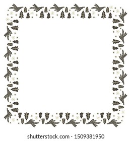 Square frame template for text from a Christmas tree branch, Christmas trees with balls and hand-drawn snowflakes on a white background. For New Year and Christmas. Scandinavian style. Vector.
