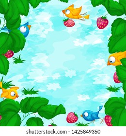 Square frame template for text or photo with strawberry bushes, ripe berries and funny big-eyed birds. Summer leaflet, postcard.