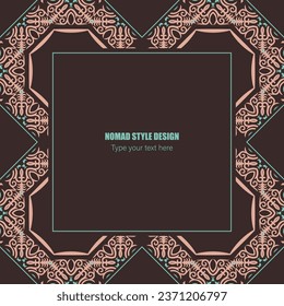 Square frame. Template for your design. Ornamental elements and motifs of Kazakh, Kyrgyz, Uzbek, national Asian decor for packaging, boxes, banner and print design. Nomad style. 