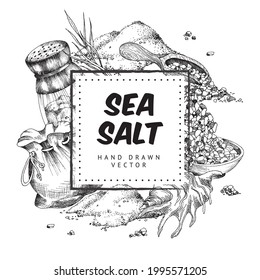 Square frame for text at backdrop with sea salt items, engraving vector illustration isolated on white background. Label or tag design for sea salt packaging.