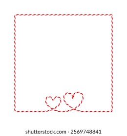 Square frame, text box on transparent background, gift tied up with cotton red rope bakers twine two hearts and ribbons. Packing string for decoration, present for Valentine's day. Flat vector EPS10