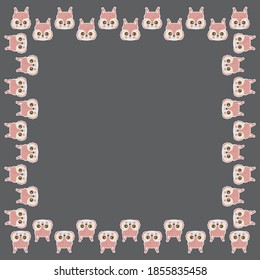 Square frame for text. Cartoon funny little squirrel faces with opened eyes, ruddy cheeks on white outlines on a dark brown background. Funny border of chipmunk muzzles. Rodent heads. Kawaii. Vector.