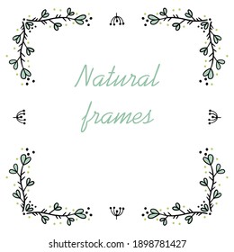 Square frame for text decoration in doodle style. Natural style, branches, plants, flowers. Black outline on a white background.