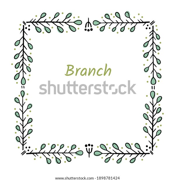 Square frame for text decoration in doodle\
style. Natural style, branches, plants, flowers. Black outline on a\
white background.