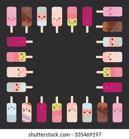 square frame for text  ice cream, ice lolly with pink cheeks and winking eyes, pastel colors on dark brown background. Vector