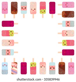 square frame for text  ice cream, ice lolly Kawaii with pink cheeks and winking eyes, pastel colors on white background. Vector illustration