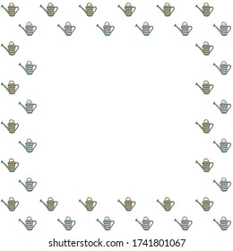 Square frame for text of isolated hand-drawn patterned watering can for plants on a white background. Garden cottage irrigation devices for kailyard and flower beds. Backdrop. Copy space. Vector.