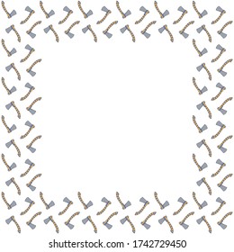 Marco cuadrado para el texto de ejes ornamentales sobre un fondo blanco. Hecchetas dibujadas a mano. Herramientas aisladas para jardinería, silvicultura, construcción, carpintería. Copiar espacio. Vector.