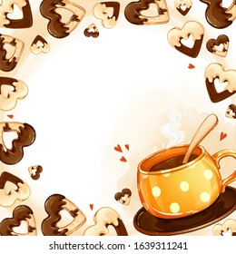 Square frame for text or photo with icing cookies and a cup of hot tea. Watercolor texture background. Food and drinks cartoon.