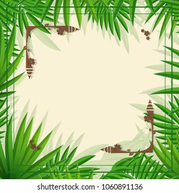 A square frame for text or a photo of palm leaves with a decorative imitation of elegant patterned corners from the photo album. Retro design. Postcard with tropical plants. Vector illustration.