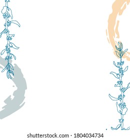 Square frame with the text place. White background. Drawing created in ink sketch and doodle style. Oval brush strokes. Floral element  and splashes in blue, beige, brown, cream colours.