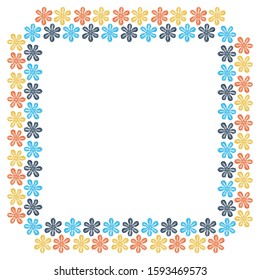 Square frame for text in the Scandinavian style from colorful abstract opened flowers with petals on a white background, top view. Isolated template. Vector.
