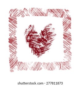 Square frame with texture heart inside. Vector clip-art. Stamp of yarn coil. Thread imprint texture.