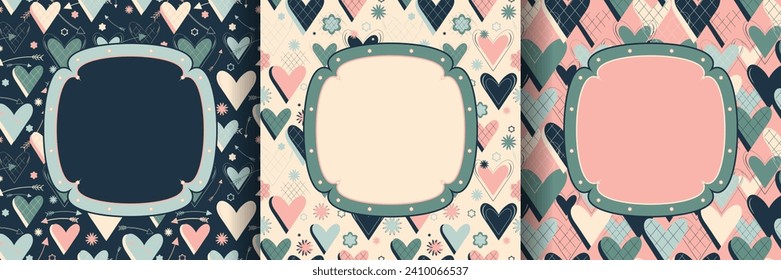 square frame textured hearts seamless pattern set, original drawn textile banner wallpaper for wrapping paper, greeting card, invitations