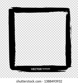 Square frame from thin abstract textured black long smooth strokes on imitation transparent background