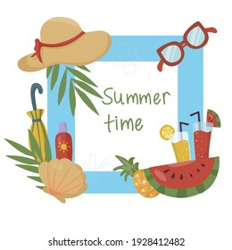 Square frame for with things for summer vacation and fruit. Palm leaves. Vacation and beach party concept. Background vector illustration.