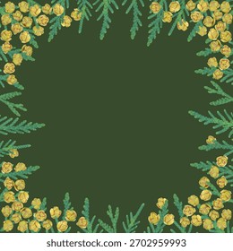 Square frame of thuja branches with cones on a green background