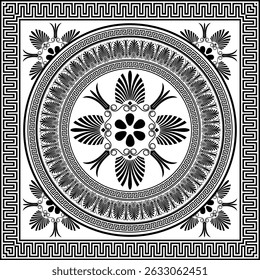 Square frame tile with Greek key, floral meander. Egyptian, Assyrian, Greek square frame. Greece, ancient Rome. Square european border. For European palace, textile, engraving, forging, tile, embroide