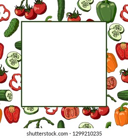 Square frame with tomatoes, cucumbers and bell peppers. Template with different vegetables and vegetable slices on white background for your design