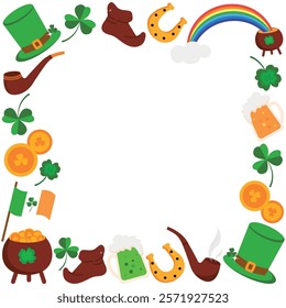 Square frame with traditional St. Patrick's Day symbols drawn in flat style. Vector background with beer mugs, clovers, pub decorations, leprechaun hats and empty space for inscription.