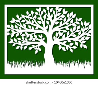 Square frame with tree and grass. Template for laser cutting, wood carving, paper cut and printing. Vector illustration.